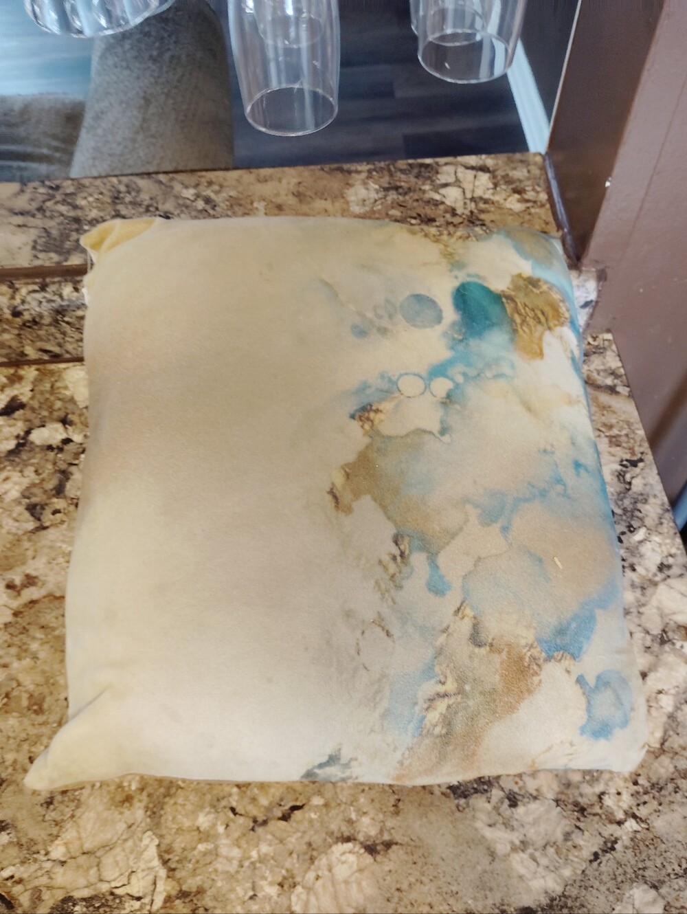 Abstract Watercolor Accent Pillow in Cream, Blue & Gold